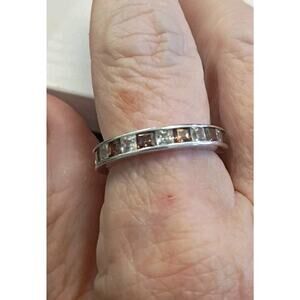 Platinum Clad 925 Sterling Silver Eternity Ring Size 9 Brown And White Stones
